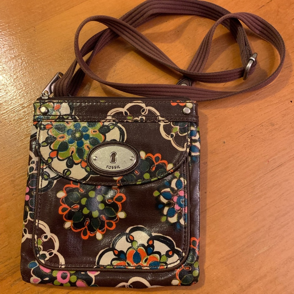 Fossil Key-Per Small Brown Floral Print Handbag Purse Excellent Condition